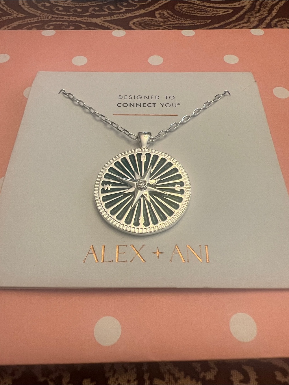 Alex and Ani Silver Compass Medallion Necklace with Dark Green Inlay